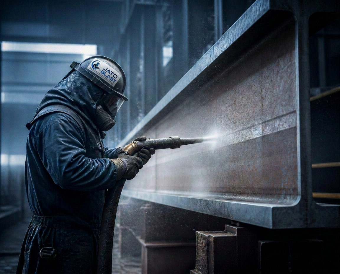 Operador realizando jateamento industrial em estrutura metálica de grande porte